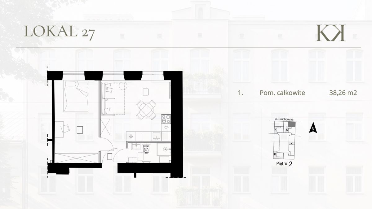 Квартира - 1 кімната - 38 м² - вул. Гроховська Варшава Права Південь Каміонек