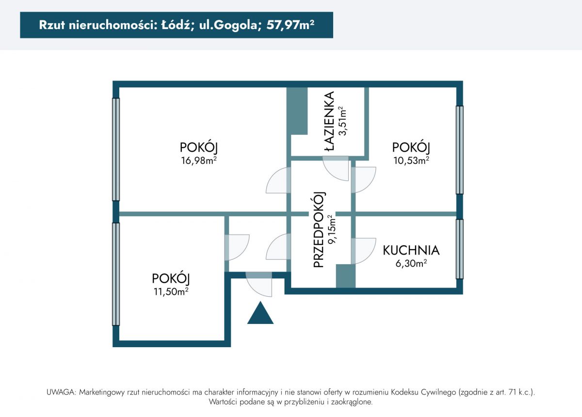 Квартира - 3 комнаты - 58 м² - ул. Миколая Гоголя, Лодзь Видзев