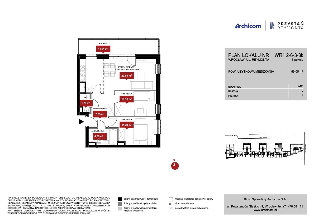 Mieszkanie - 3 pokoje - 59 m² - winda - ul. Władysława Reymonta Wrocław Kleczków