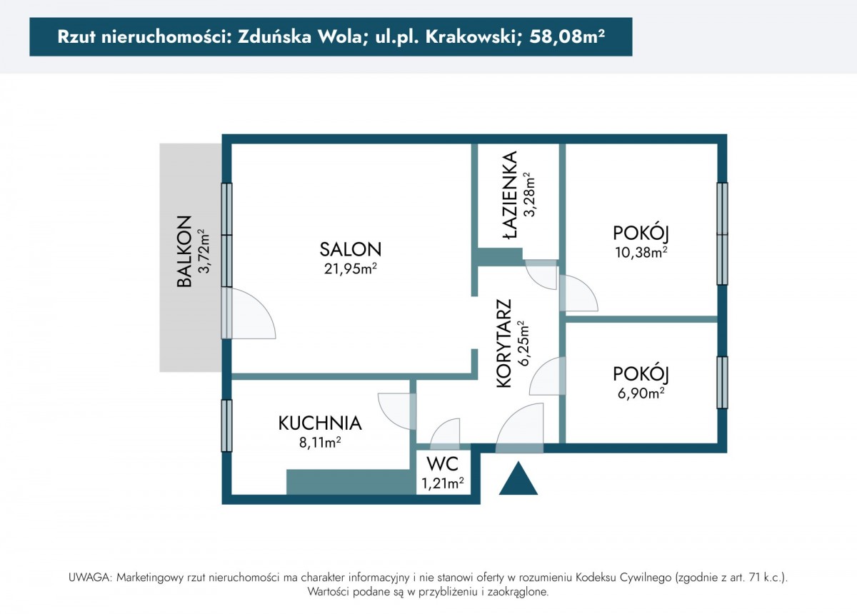 Mieszkanie - 3 pokoje - 58 m² - pl. Krakowski Zduńska Wola